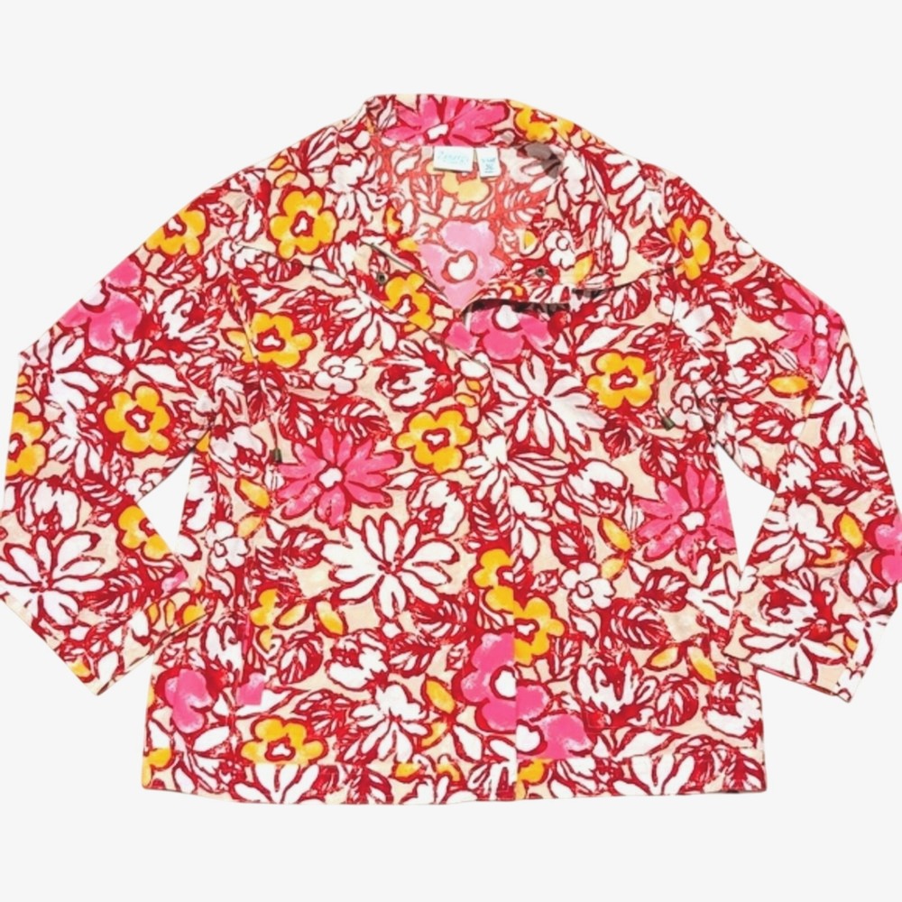 Chico's Zenergy Jacket 16 XL 3 Floral Red Pink Travel Non Wrinkle
